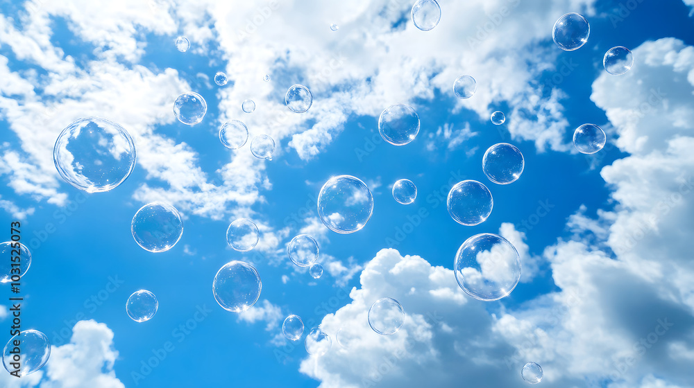 Poster bubbles appearing to float through the sky with clouds in the background