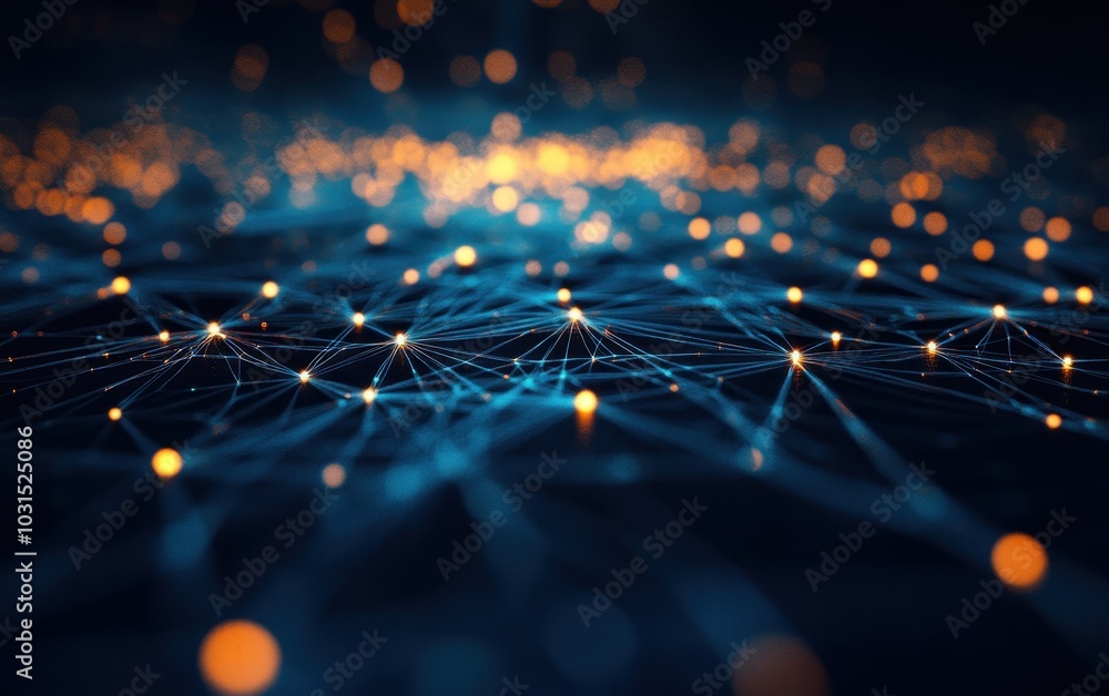 Poster abstract network connection with glowing lights and bokeh effect, digital technology background