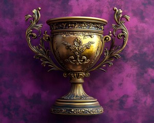 Fototapeta premium Antique gold trophy with fine scrollwork design, resting against a modern tech purple wallpaper, blending old-world charm with futuristic elements