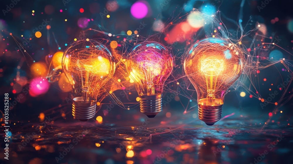 Poster glowing light bulbs with abstract network pattern and bokeh lights - concept of ideas, innovation, a
