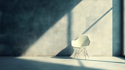 Minimalist design chair set against a textured wall, the gentle glow of sunlight streaming through large windows, inviting a serene and contemplative mood