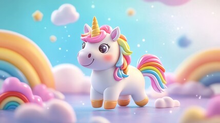 Naklejka premium Cute Cartoon Unicorn with Rainbow Mane and Tail in a Fantasy World with Clouds and Rainbows - 3D Illustration.