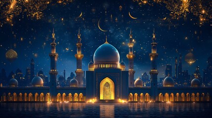 Sophisticated Eid festival Ramadan banner with a luxurious gold and navy blue theme featuring ornate patterns and a beautiful mosque silhouette designed with space for text in the center