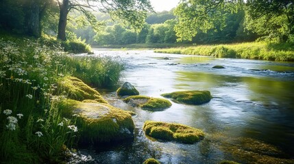 Obraz premium Serene Riverbank Under Sunlit Greenery