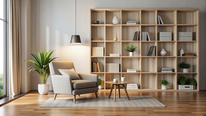 Modern minimalist living room with a sleek armchair and a stylish bookshelf , spacious, elegant, simple, contemporary