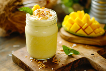 Almond milk and coconut yogurt come together in this vegan Mango Lassi, served in a rustic jar with coconut flakes and mango slices, styled on a wooden cutting board.