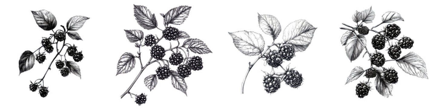 Closeup view of lush ripe blackberry fruits growing on leafy bramble branches in a natural organic garden setting  The fresh juicy berries are surrounded by green leaves and woody stems