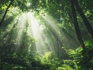 Obraz premium Sunbeams Through Lush Rainforest Canopy - Tropical Jungle Scene.