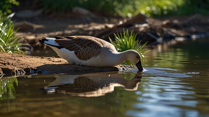 Obraz premium A greylag goose drinks water from a pond with its reflection visible in the water.