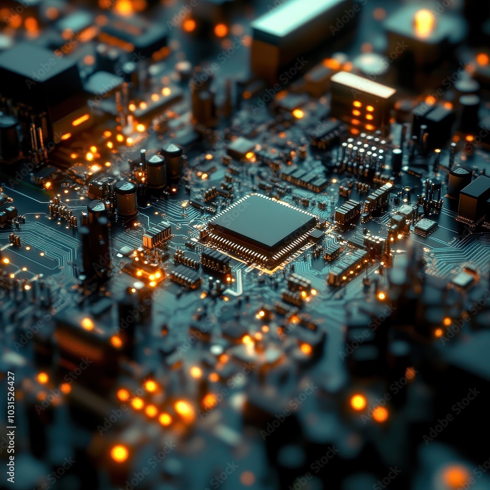 Poster closeup of illuminated microchip on circuit board, technology concept.