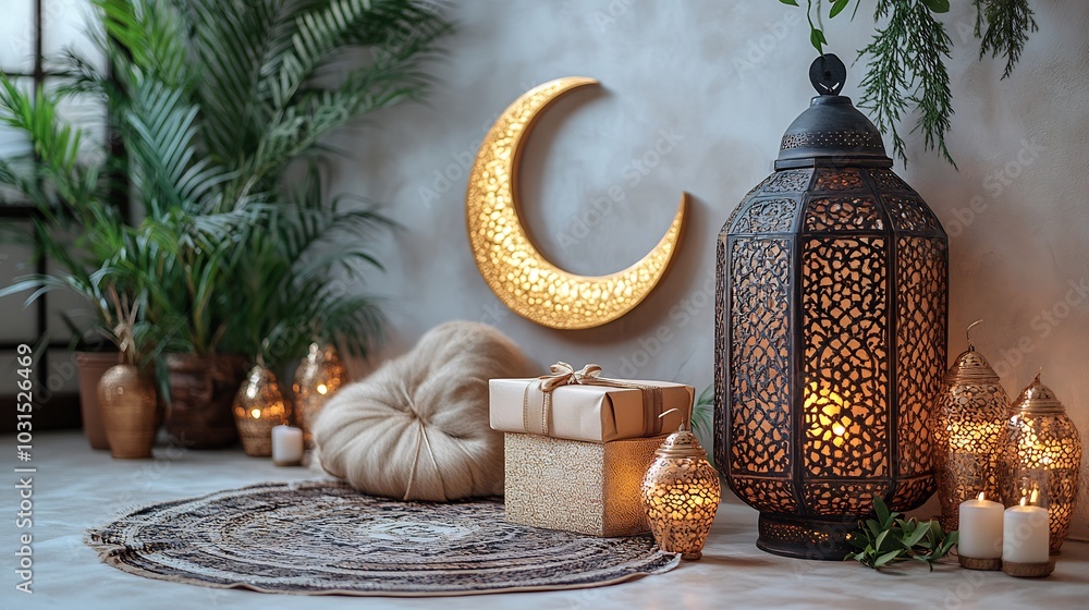 Poster sophisticated ramadanthemed design concept displaying a gift box a traditional lantern and a gold cr