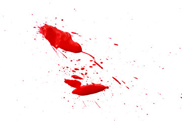 Blood splatters on white background. Red blots of watercolor Realistic bloody splatters for...
