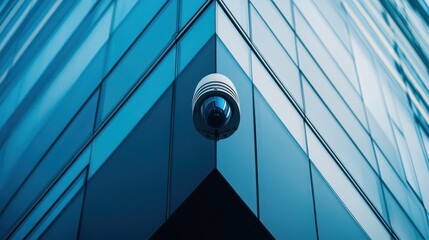 Security Camera on Modern Glass Building Facade - Surveillance, Safety, and Architecture.