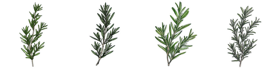 Fototapeta premium Close up view of fresh green rosemary sprigs arranged on a rustic wooden table The aromatic herb spice is a common ingredient in Mediterranean and gourmet cuisine often used to season meats