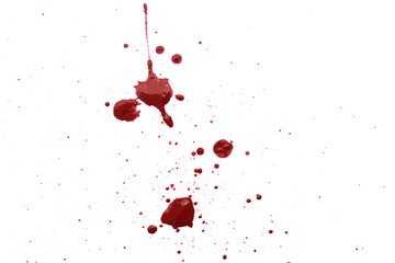 Blood splatters on white background. Red blots of watercolor Realistic bloody splatters for...