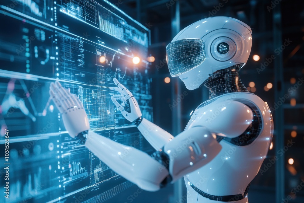 Poster robot analyzing data on a screen