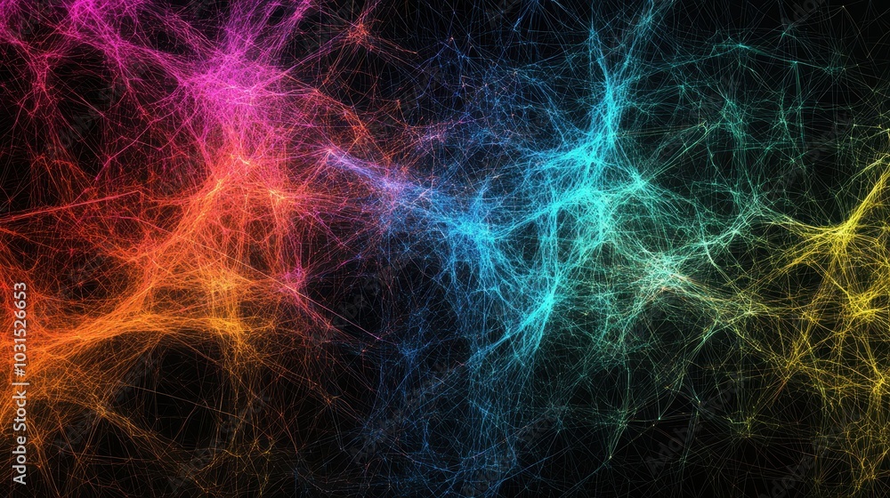 Aufkleber abstract colorful lines and network pattern on black background, digital art