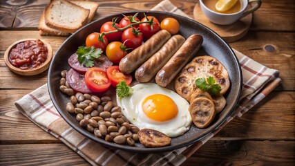 Enjoying a traditional full English breakfast with fried eggs, sausages, beans, tomatoes, and toast on a wooden table