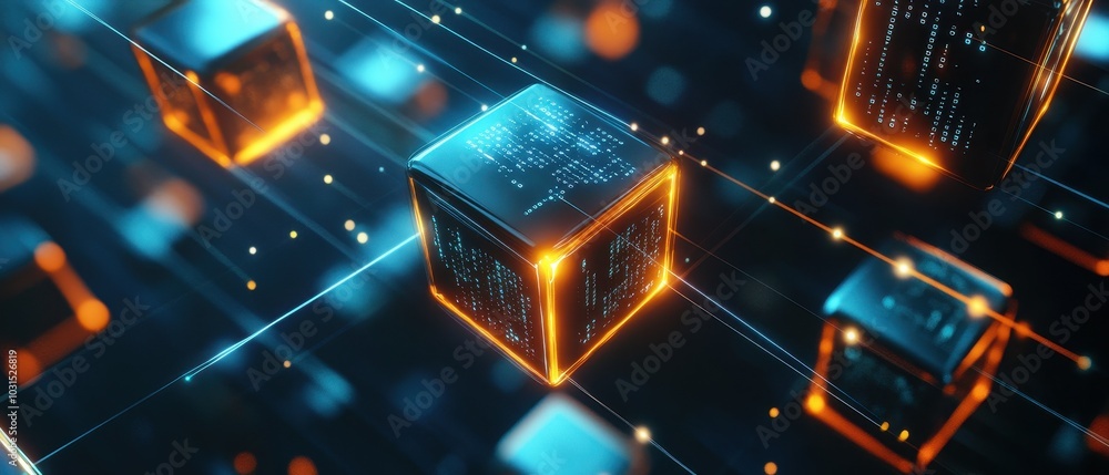 Poster abstract futuristic technology background with glowing cubes and lines.