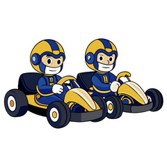 Go-Kart Racing Duo: Cartoon illustration of two cheerful racers in matching blue and gold karts, ready for a fun and exciting race. 