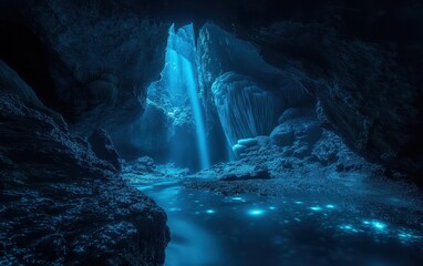 Mystical Blue Light Illuminates a Cave with Stalactites and a Flowing Stream