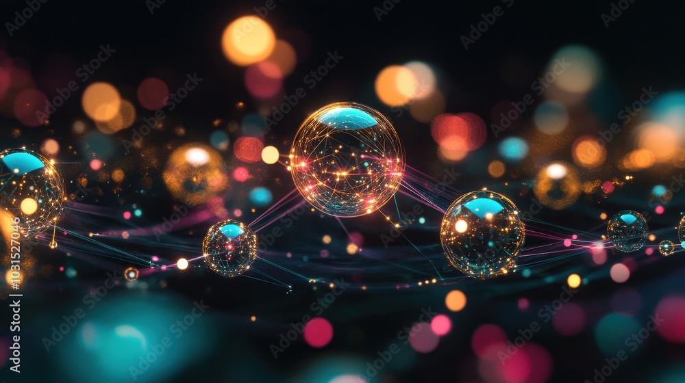 Poster abstract network with glowing spheres and bokeh lights - futuristic technology concept.