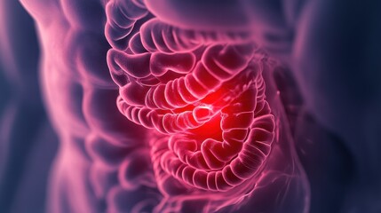Fototapeta premium 3D Rendered Illustration of Human Intestines with Red Highlights for Medical, Scientific, and Anatomical Purposes.