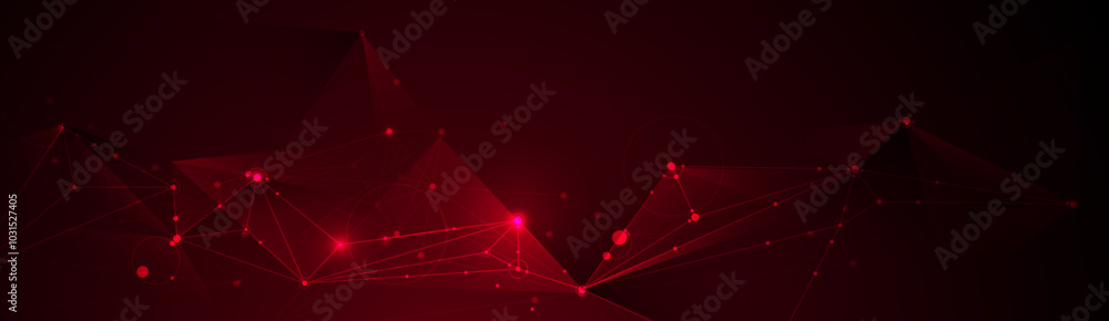 Poster Abstract internet network connection design for web site. Digital data, communication, science and futuristic concept. Vector molecule, Network Connected lines with dots, technology on red background