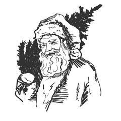 Vector freehand vintage Santa Claus holding a Christmas tree scribble isolated on white background. Texture of writing materials. Handwritten christmases doodles and pencil strokes. 