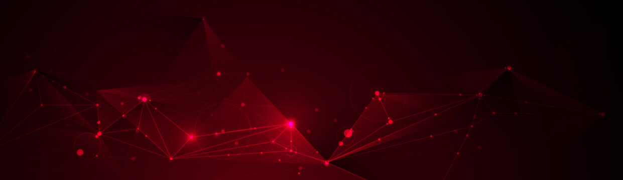 Abstract internet network connection design for web site. Digital data, communication, science and futuristic concept. Vector molecule, Network Connected lines with dots, technology on red background