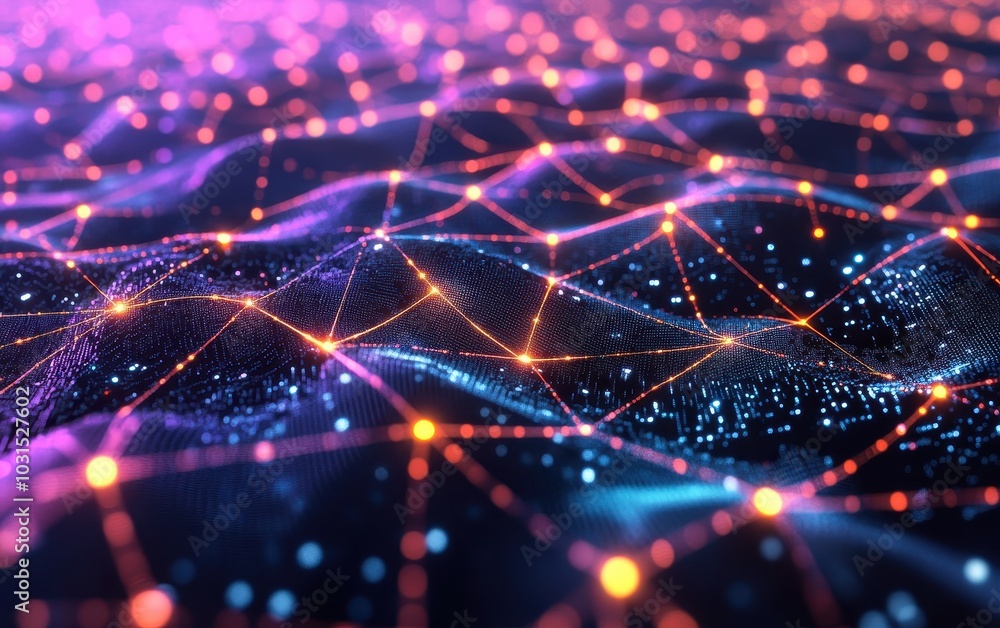 Poster abstract network background with glowing lines and bokeh lights.