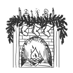 Vector Freehand Christmas fireplace scribble isolated on white background. Texture of writing materials. Handwritten christmases doodles and pencil strokes. 