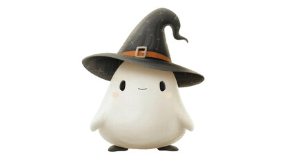 A cute Halloween ghost in a witch's hat, perfect for festive designs, decorations, and invitations. This kawaii ghost illustration on a transparent background adds a playful.
