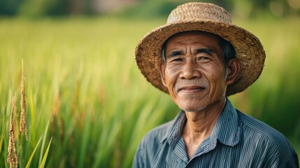 Fototapeta premium Farmer in Rice Field with Straw Hat Smiling