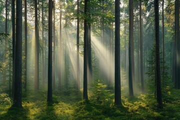 Obraz premium Sunlight Streaming Through Tall Trees in a Misty Forest - Nature Photography.