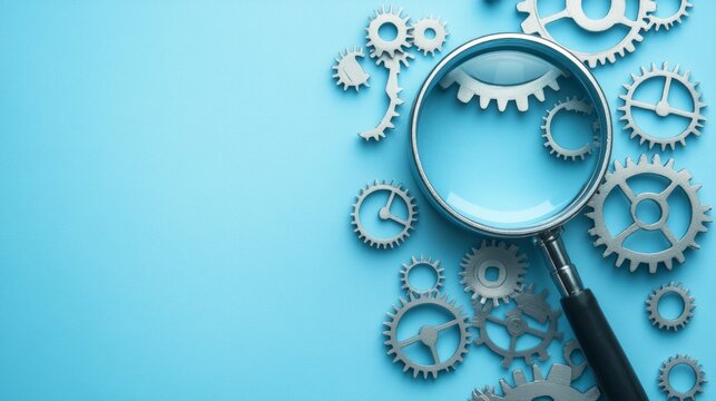 Magnifying glass and gears on blue background representing seo audit and analysis.