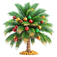 a palm tree with ornaments hanging from it