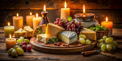 Obraz premium Night Photography of a Rustic Cheese Platter with Grapes and Bread for Elegant Dining Decor