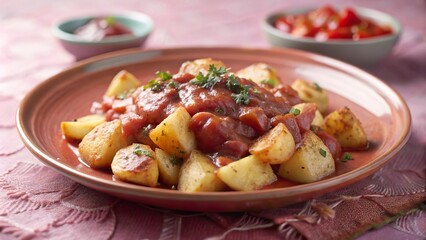 Delicious patatas bravas served in a traditional Spanish style with flavorful sauce and fresh herbs on a vibrant table setting