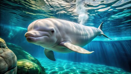 Naklejka premium Majestic beluga whale swimming gracefully through crystal clear water, marine mammal, arctic, white, graceful, majestic