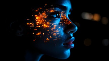 A human face fused with digital circuitry, half organic, half robotic, illuminated with futuristic light, blending AI technology seamlessly