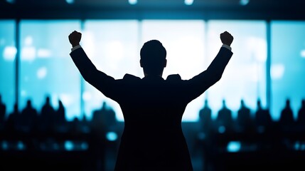 A powerful business leader standing in front of a successful team, arms raised in triumph, celebrating a major achievement in the corporate world