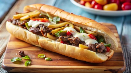 Delicious philly cheesesteak served on a wooden platter with fresh toppings and fries in a casual dining setting