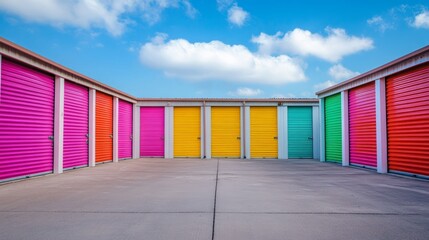 Fototapeta premium Colorful storage units representing climate controlled storage solutions. Facility with rental space