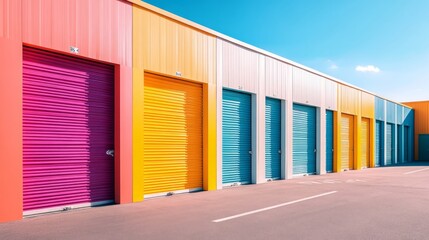 Naklejka premium Colorful storage units representing climate controlled storage solutions. Facility with rental space