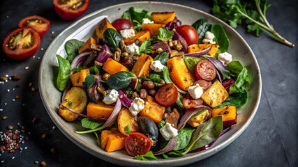 Delicious roasted vegetable salad featuring fresh greens, tomatoes, and nuts on a rustic table setting