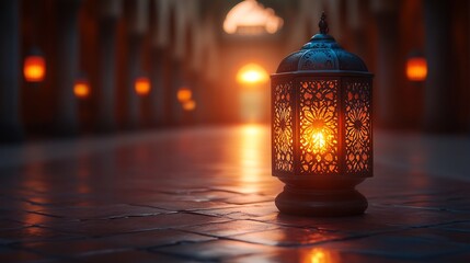 Striking image of a traditional Arabic lantern with a glowing candle placed on a clean minimalistic background capturing the essence of Ramadan and the warmth of togetherness