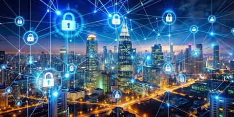 Obraz premium Night Photography of Blockchain Technology Encryption with Digital Effects and Cybersecurity Elements