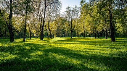 Serene Green Landscape with Sunlit Trees