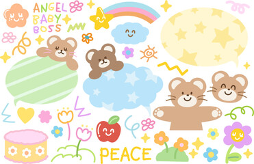 Naklejka premium Cute illustrations of teddy bear, cake, text bubbles, flowers, angel baby boss letters, apple, rainbow for cartoon, animal print, zoo, souvenir shop, sweet dessert, floral, blossom elements, sticker